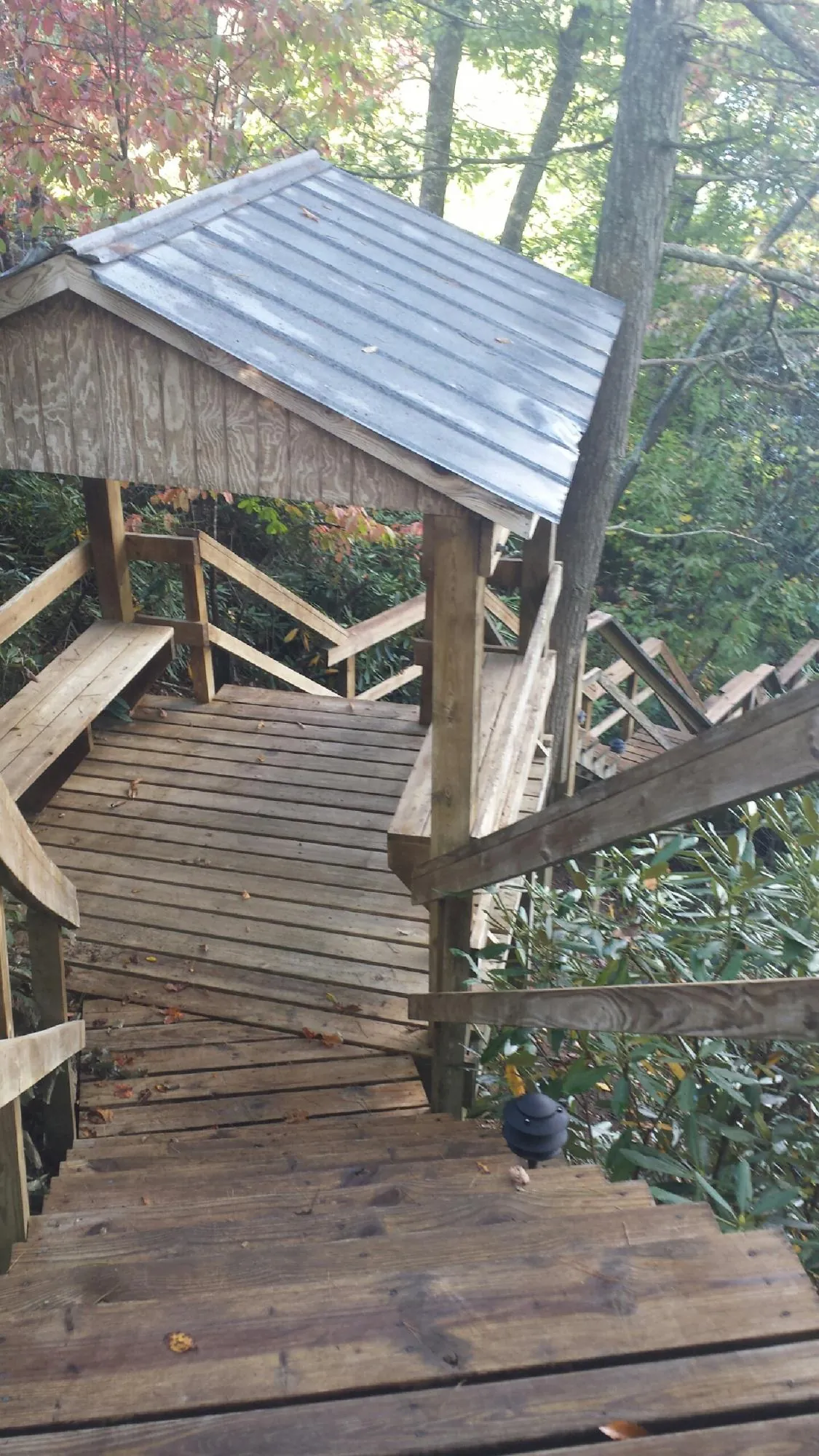 Metal roofed shelter over wooden steps on a wooded walkway — Skylight Repair & Installation work by our crew in Beechmont